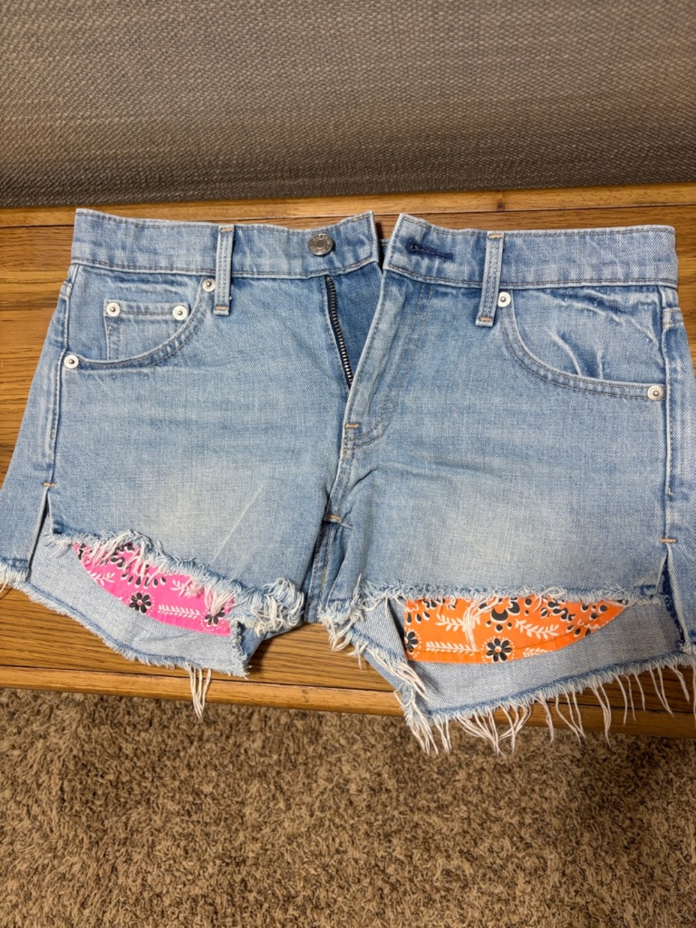 GAP Light Blue Denim Cutoff Shorts with Pink & Orange Bandana Insets